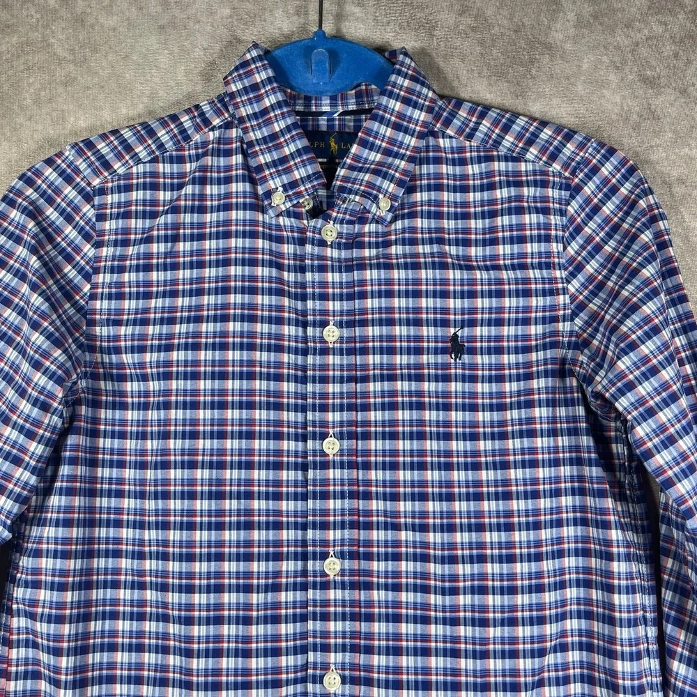 Ralph Lauren Performance Shirt Boys Medium 10-12 Blue Plaid Button Down Casual
